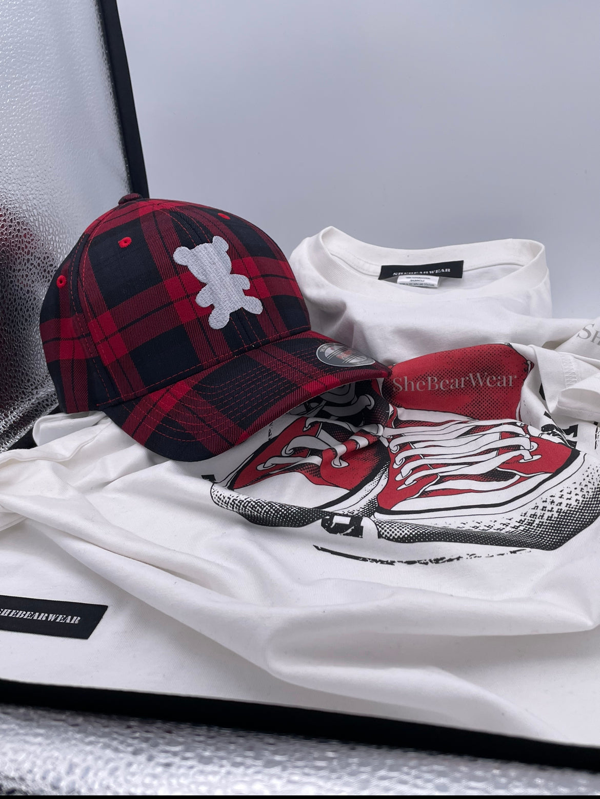 Tartan Plaid White Bear Flexifit Cap